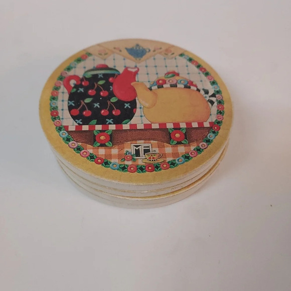 Set of 4 Mary Engelbreit Teapots Drink Coasters Cork Back - Picture 7 of 10